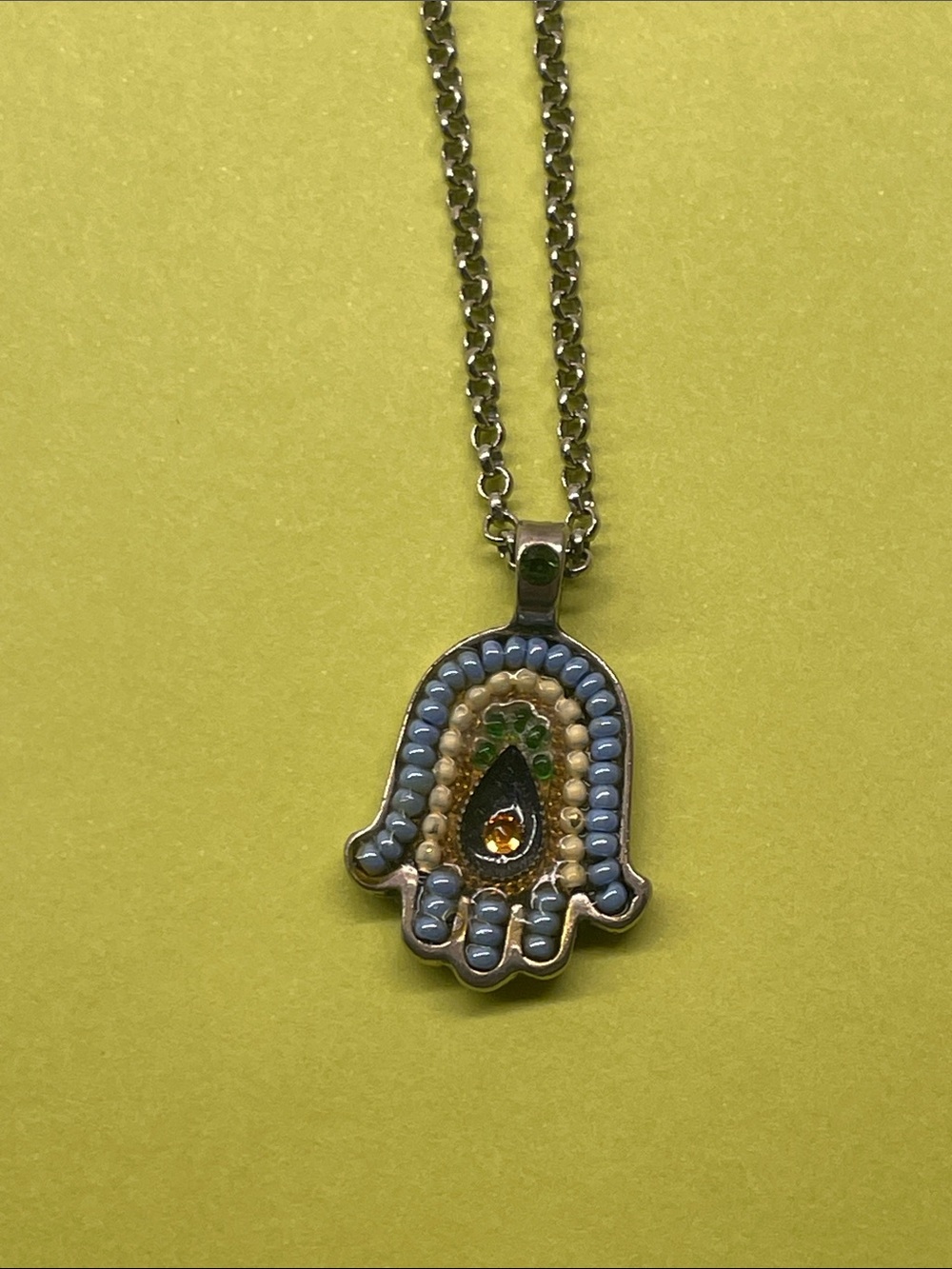 Hamsa Hand Pendant Necklace with Blue, Gold and Green Accents